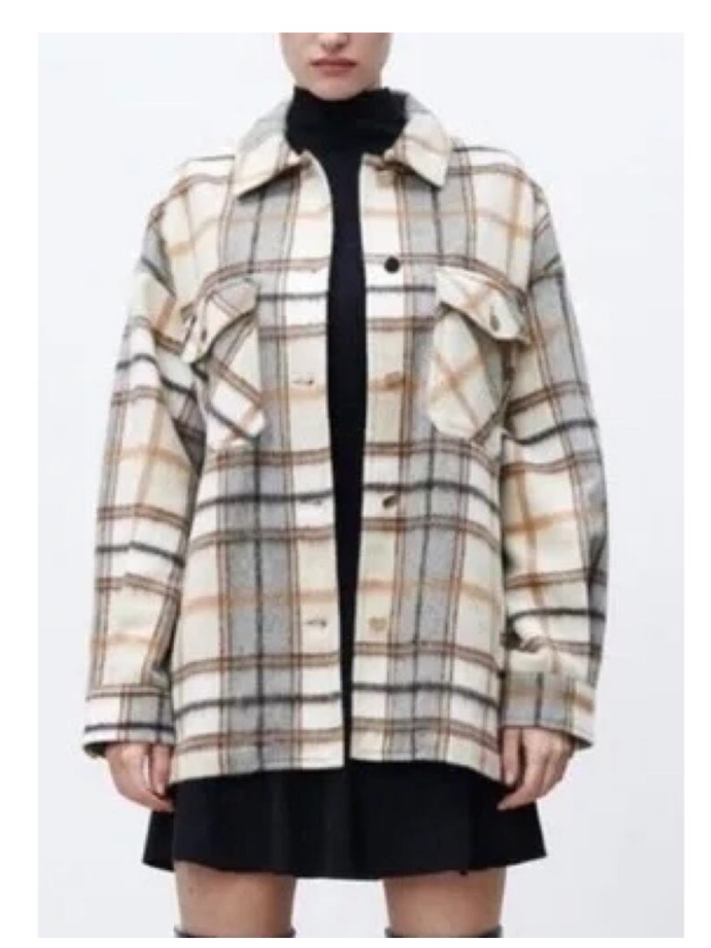 Zara Plaid Oversized Wool Blend Shacket Fleece Shirt Jacket Cream Gray Size XXL